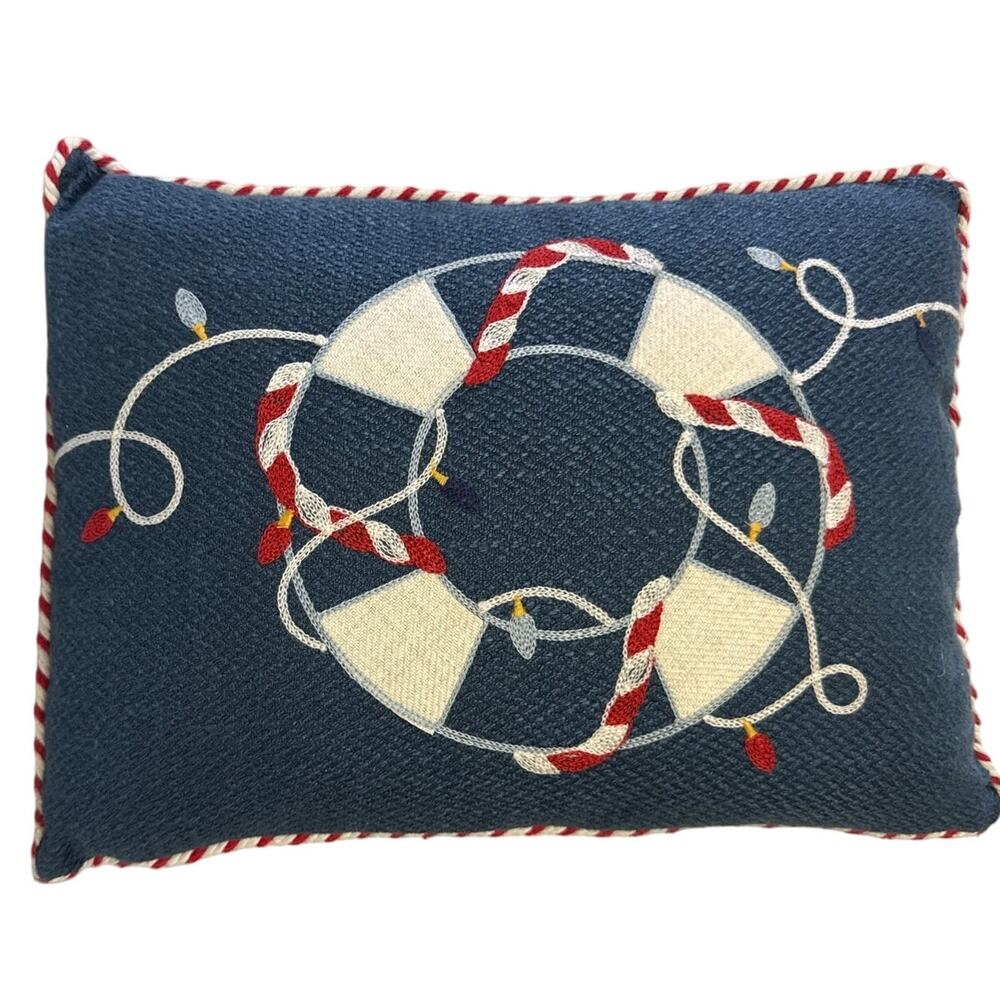 Nautical Life Preserver Lumbar Pillow‎ Navy Red Coastal Decor